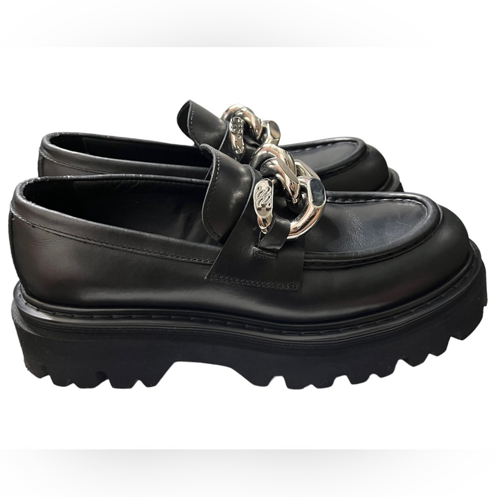 Casadei Black Leather Chain Link Slip On Loafers Shoes Made In Italy Size 37